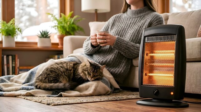 Cozy Woman Relaxing at Home with Cat on Lap Near Electric Space Heater