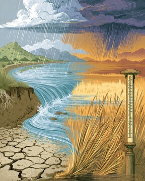 Climate-impact landscape showing a swollen river overtopping muddy banks after heavy rain, with drought-cracked ground, upstream hills, floodplain grass, a water-level gauge, and storm clouds breaking