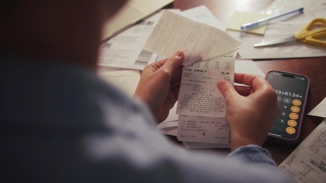 Woman sorts receipts using a calculator to track monthly expenses. Budget planning or tax return from home. High quality 4k footage