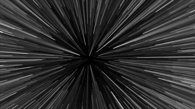 Black and white warp speed starfield with hyperspace light streaks motion background loop