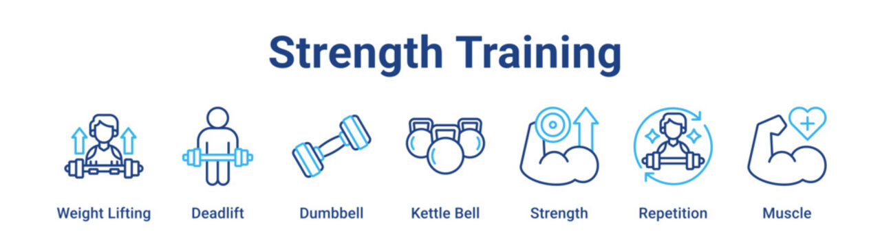 Strength Training web banner icon vector illustration concept for sport with icon of Weight Lifting, Deadlift, Dumbbell, Kettle Bell, Strength.
