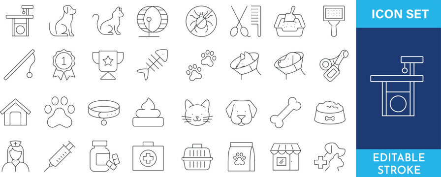 Pet care and veterinary services thin line icon set for domestic animals and clinics with editable stroke.
