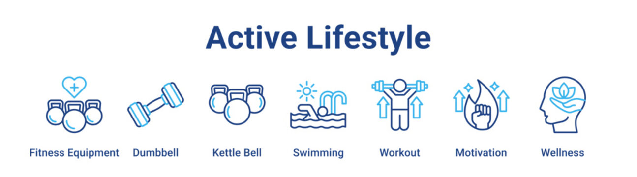 Active Lifestyle web banner icon vector illustration concept for sport with icon of Fitness Equipment, Dumbbell, Kettle Bell, Swimming, Workout.