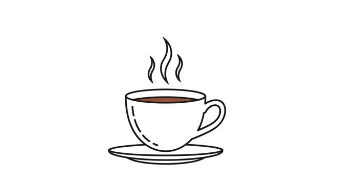 Minimalist illustration of a classic white ceramic cup of hot coffee or tea with steam rising from the surface on a white background.