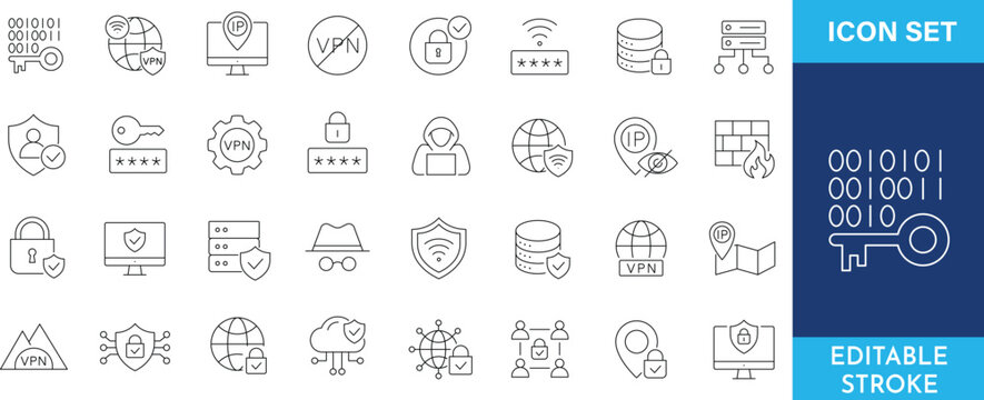 Cyber security and data protection network icons with editable line stroke.