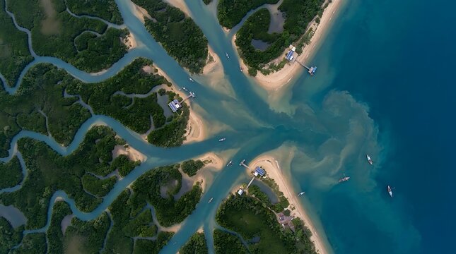  an aerial view of a river delta with intricate, branching waterways and coastal wetlands