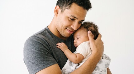 Fototapeta premium Loving father cradles his sleeping infant baby in his arms with tenderness and care against a clean white background in white background.