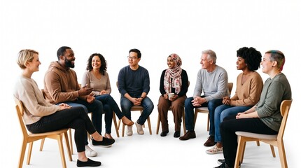 Fototapeta premium Diverse group of people sitting in a circle and engaging in conversation and discussion in white background.
