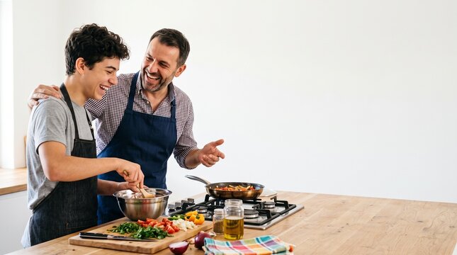Father and son laughing while cooking together in a bright modern kitchen in white background.