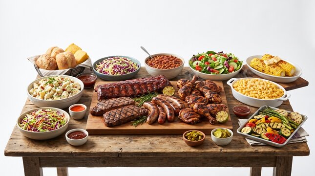 Abundant BBQ Feast with Grilled Meats Salads and Sides on Rustic Table in white background.