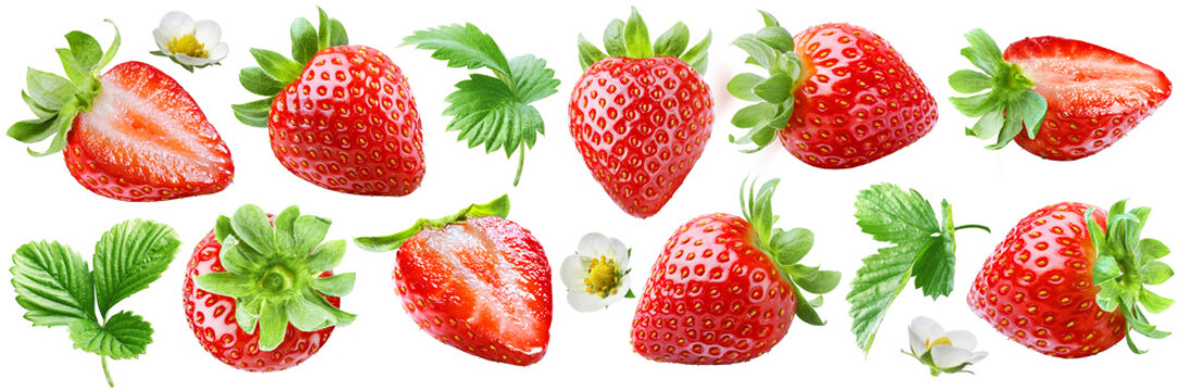 Set of juicy ripe strawberries, flowers and leaves isolated on transparent background.