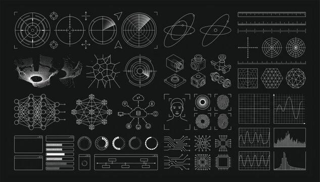 Collection of futuristic hud digital interface elements with data charts interface technology futuristic dashboard holographic monitoring technical engineering elements computing