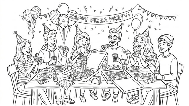 Cartoon Pizza Party Friends Vector Illustration Set &ndash; Character Group, Pizza Slices, and Fun Celebration
