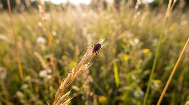 Tick sitting on a blade of grass in a meadow. Parasite waiting for a host in tall green vegetation. Danger of lyme disease and encephalitis, tick-borne infection warning concept.