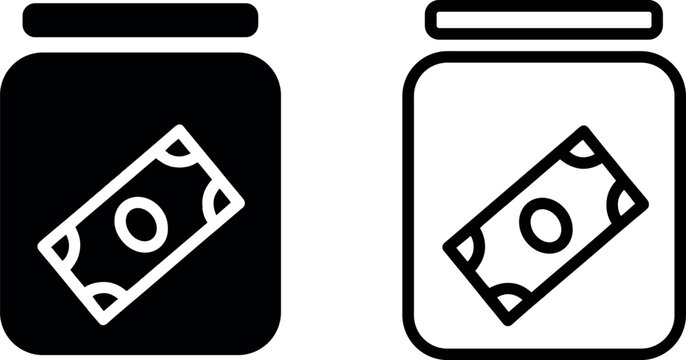 Money jar vector in black silhouette and linear outline styles, representing financial savings, future budget planning, and investment accumulation.