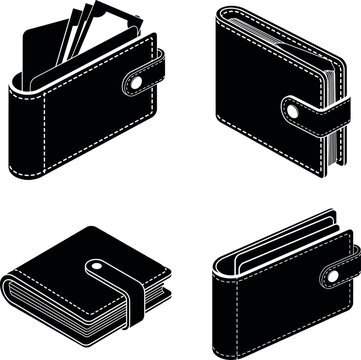 Set of isometric black wallet from different angles, showcasing money bills and credit cards for financial payment and savings design.