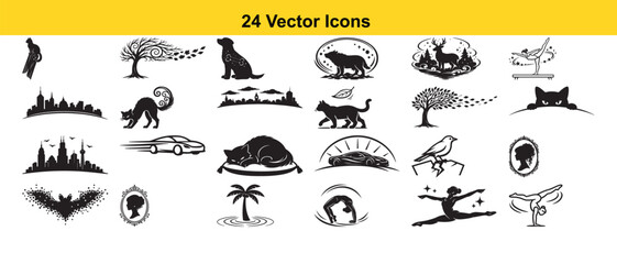 Fototapeta premium Collection of twenty four black vector icons on white background