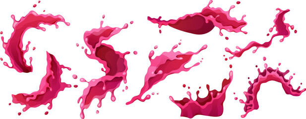 Splash vector with fresh fruit drops and flowing water liquid in dynamic motion. Vibrant illustration of berry juicy icons with wave patterns and cartoon splatter effects for summer drink designs. © vectorpouch