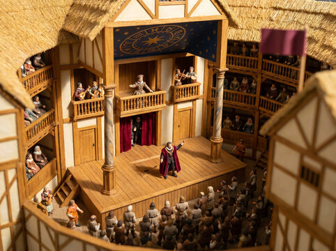 Shakespeare Globe Theatre Elizabethan playhouse miniature diorama isometric c1600 stage performance