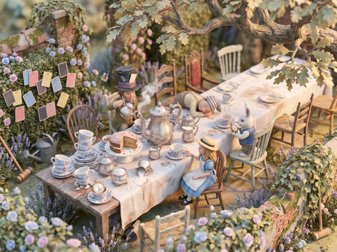 Alice in Wonderland mad tea party miniature diorama isometric Victorian English garden tilt-shift