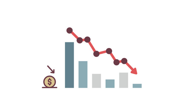Conceptual illustration of financial crisis featuring a downward trend line graph and a devalued dollar coin icon on a white background.