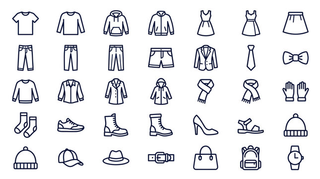 A collection of various fashion items and accessories icons on a white background.