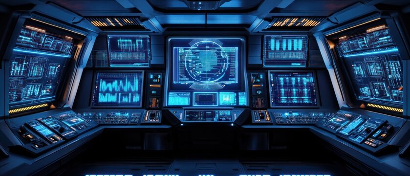 Futuristic spaceship bridge control panel with digital data screens and interface