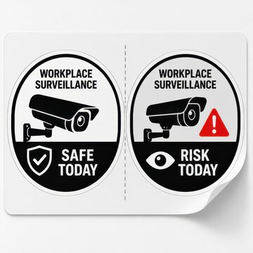 Workplace surveillance safety and risk comparison with security camera signs in black and white