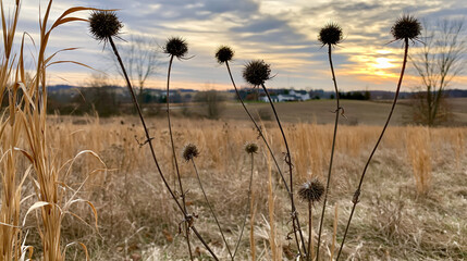 Fototapeta premium Tall dry grass stalks with thistle heads at sunset