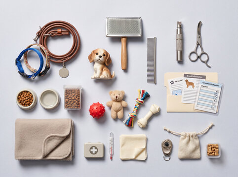 Pet care kit knolling flat lay miniature diorama, dog cat grooming supplies