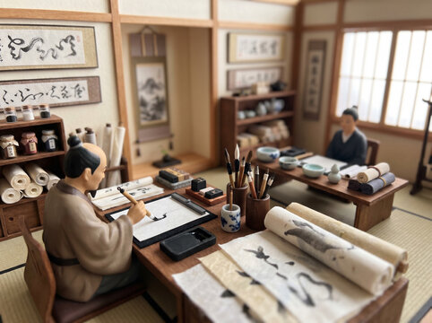 Wide cinematic calligraphy studio miniature diorama, dedicated brush practice space