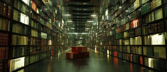 Fototapeta premium Modern library corridor bookshelves collection knowledge education literature reading research