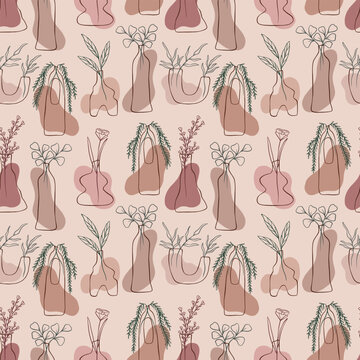Boho minimalistic line art seamless pattern with ceramic vases and botanical leaves, vector art