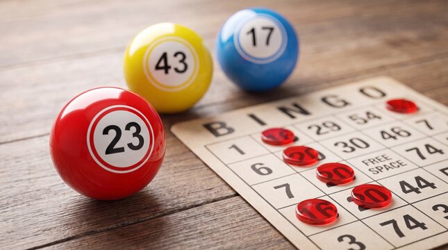 Colorful bingo balls numbered 23, 43, and 17 next to a bingo card with red transparent markers on a rustic wooden table surface.