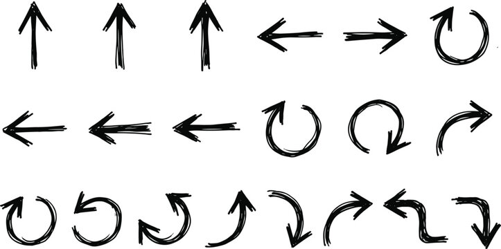 Hand drawn sketch arrow icon set black pointer collection for doodle presentation and direction marker design