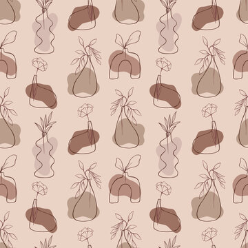 Boho minimalistic line art seamless pattern with ceramic vases and botanical leaves, vector art