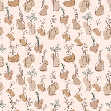 Boho minimalistic line art seamless pattern with ceramic vases and botanical leaves, vector art