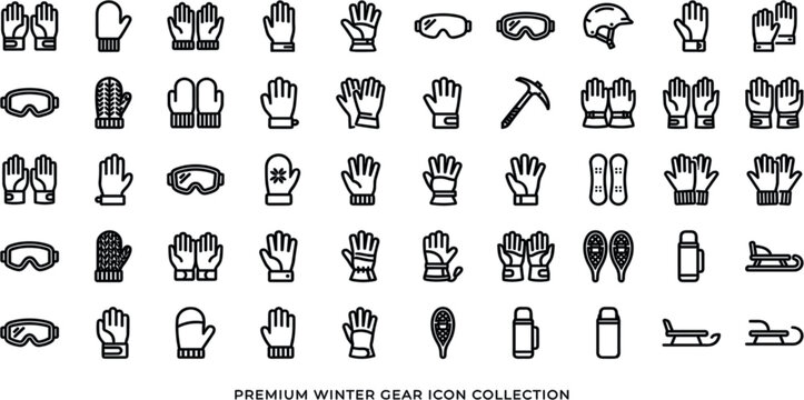  Winter Apparel and Alpine Gear Icon Collection Featuring Gloves Mittens Ski Goggles Helmets Snowshoes Thermos Flasks Sleds and Mountaineering Ice Axes Vector GraphicsWinter Apparel and Alpine Gear Ic