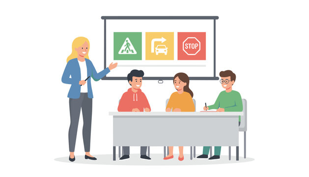 Female instructor leads a driving safety lesson in a classroom by explaining different traffic icons and road rules to an attentive group.
