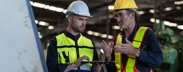 Workers Factory or Engineering work at factory site check up machine or products in site. Foreman...