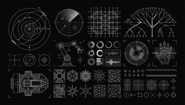 Digital hud interface elements and technical data graphics with interface technology futuristic monitoring elements information hologram analysis technical computer background abstract
