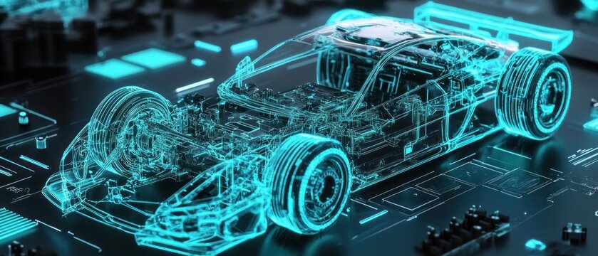 Futuristic racecar digital wireframe rendering glowing cyan lines technology concept