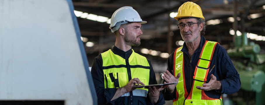Workers Factory or Engineering work at factory site check up machine or products in site. Foreman or Technician checking Material or Machine on Plant. Heavy industry factory concept.