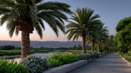 Fototapeta premium Luxury date palm oasis at sunrise with rows of palm trees and irrigation channels set in a warm desert landscape