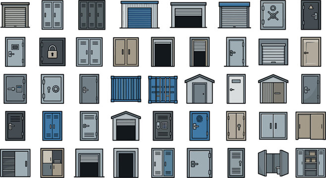  Storage Unit and Secure Door Icon Set Featuring Rolling Garage Shutters Metal Lockers Shipping Containers Safes and Smart Access Entryways Vector GraphicsStorage Unit and Secure Door Icon Set Featuri