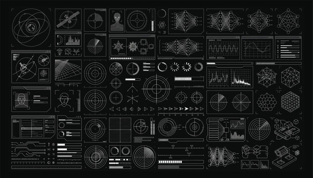 Futuristic technology heads up display interface elements collection with high tech interface technology futuristic monitoring elements information hologram analysis technical computer