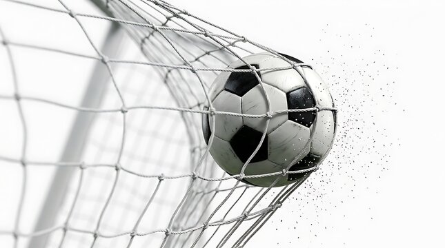 Black and white soccer ball hitting the goal net during a professional football match game