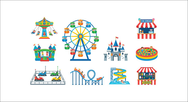 Amusement Park Ride Illustrations Colorful Vector Graphics On White Background