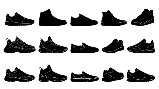 Sport Shoe Silhouette Collection Set Featuring Various Modern Footwear Designs And Athletic Sneakers For Active Lifestyle And Casual Fashion Graphics