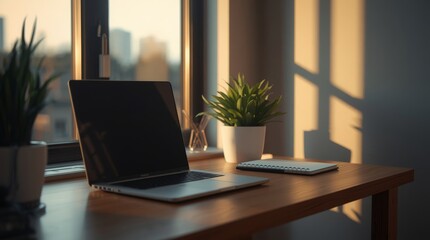 Fototapeta premium Elegant desk setup with laptop, plant, and notebook near a window with golden hour lighting and soft cinematic shadows